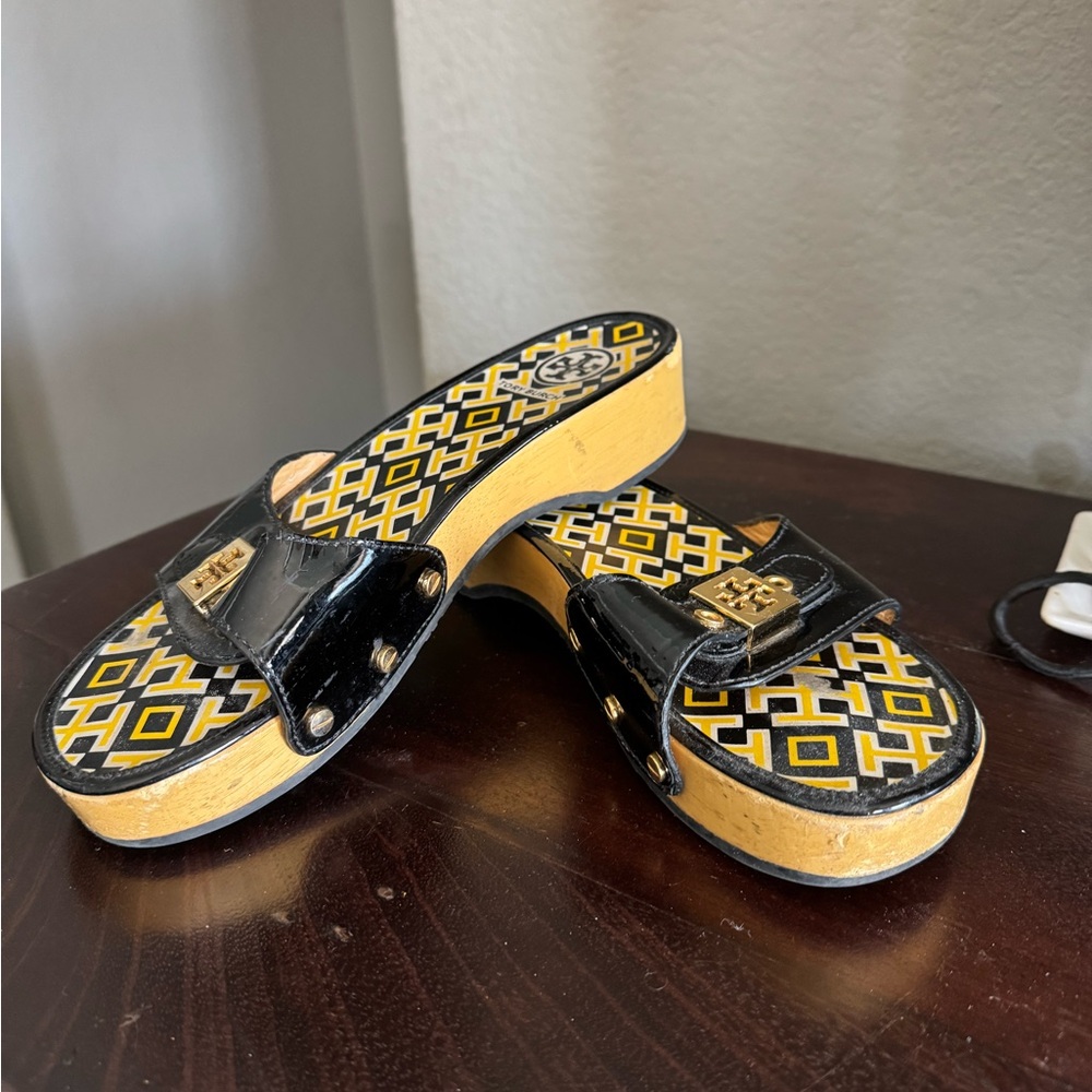 Tory Burch Black and Gold Slide Sandals